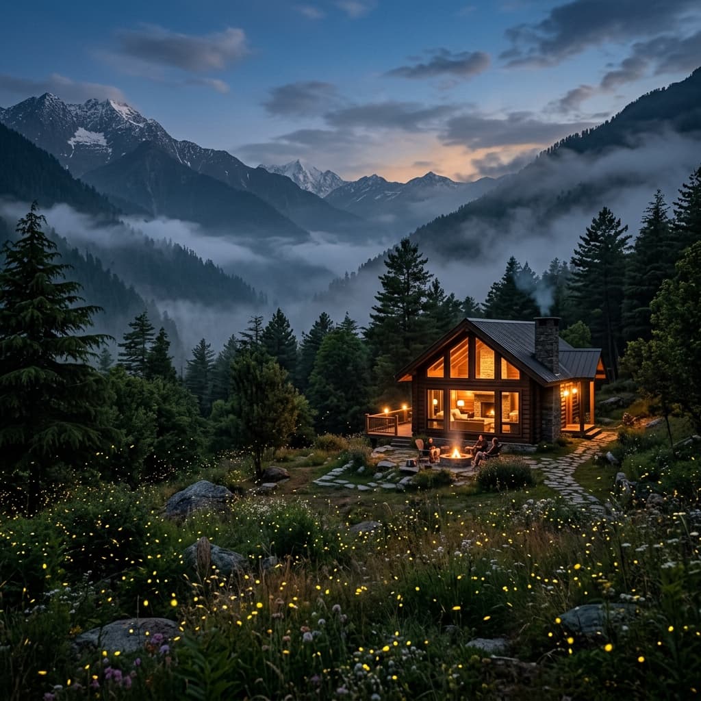 Himalayan mountain retreat at dusk